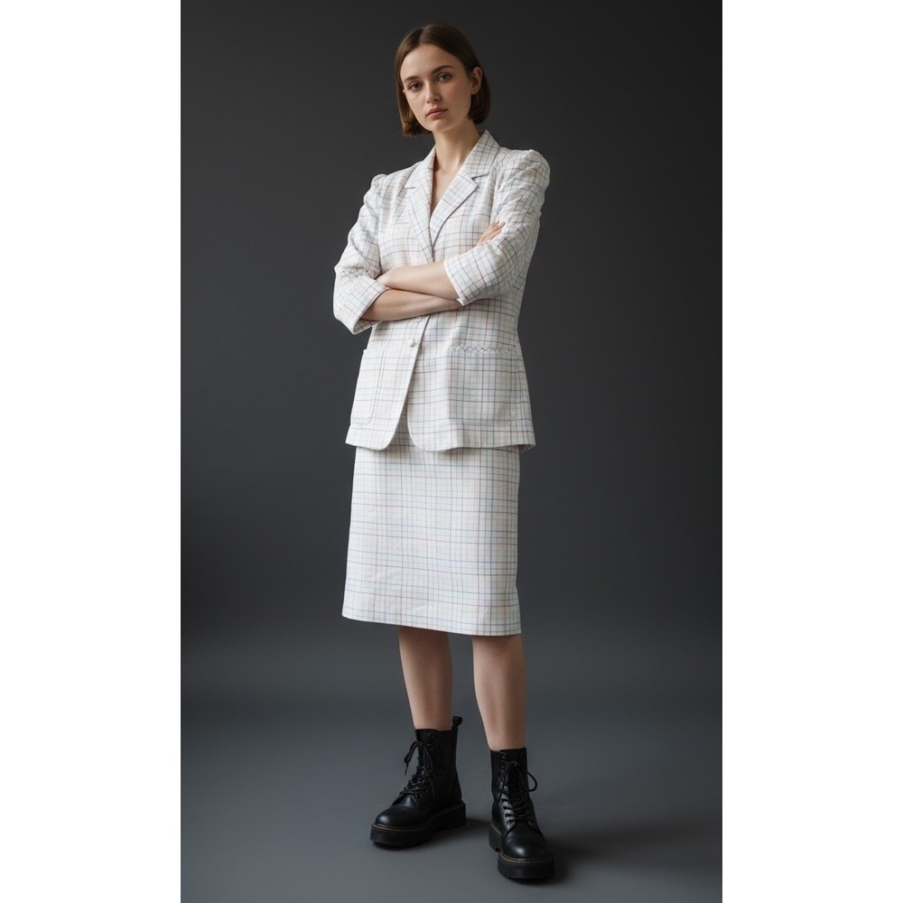 VTG 70s Skirt‎ Set Suit Blazer Jacket Office Secretary Retro Rainbow Plaid Large